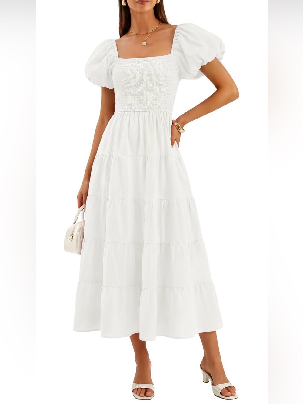 Women's White Smocked Bodice Puff Sleeve Maxi Dress